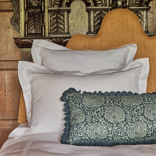 Chrysanthemum Celadon Print Cushion with Prussian Blue Frill