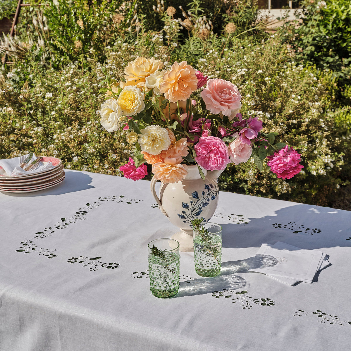 Field Flower Tablecloth in Pure White with Broderie Anglaise