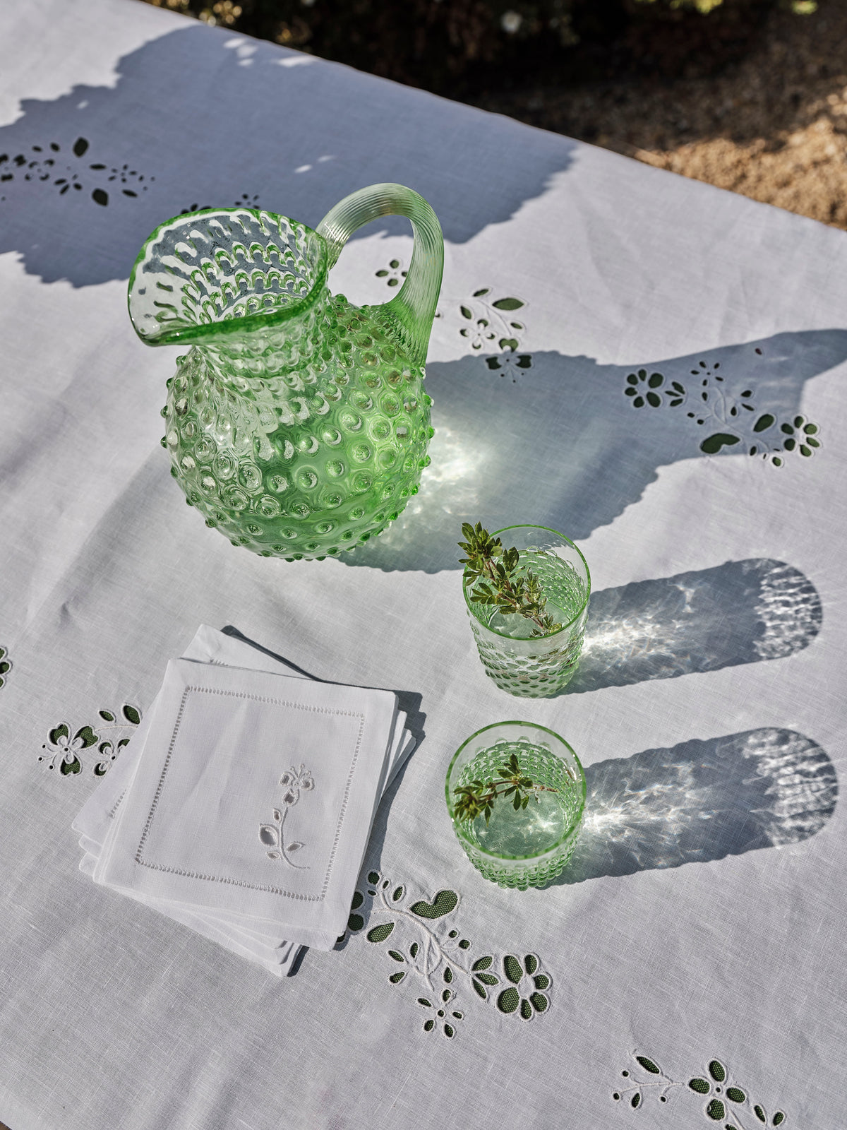 Set of Field Flax Flower Cocktail Napkins in Pure White with Broderie Anglaise