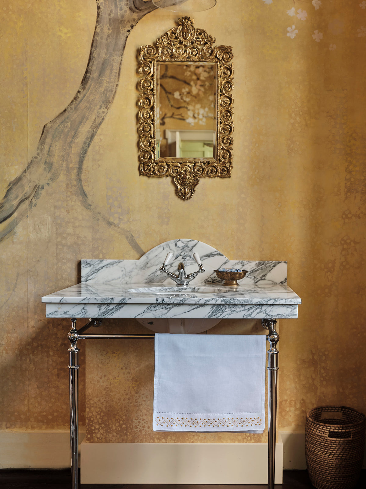 Sheherazade Hand Towel in Pure White with Ochre Broderie