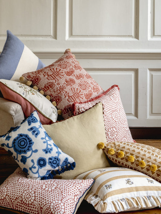 Sirin Print Cushion in Terracotta with Bobble Trim