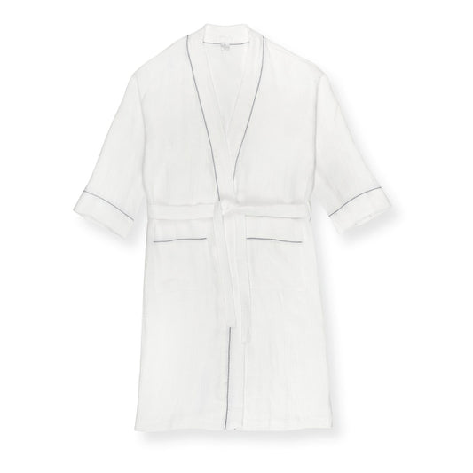 Liège Robe in Ivory White Waffle with Indigo Hemstitch